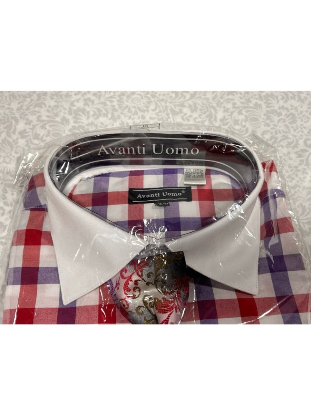Avanti Uomo Dress Shirt Set 17.5 36/37 XL Plaid Paisley Tie Pocket Square NWT - Picture 9 of 13